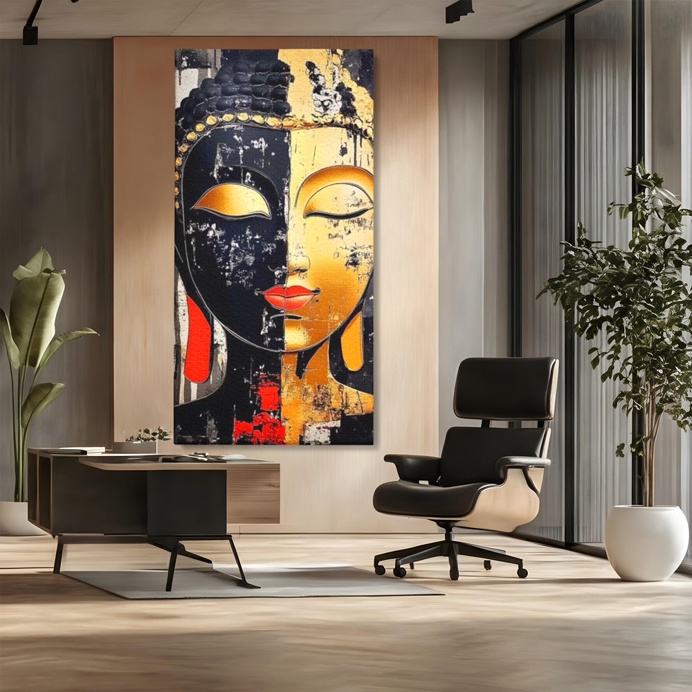 Tablou canvas cu tablou canvas cu chipul lui buddha, fara rama, pe sasiu de lemn, pe perete intr-un birou